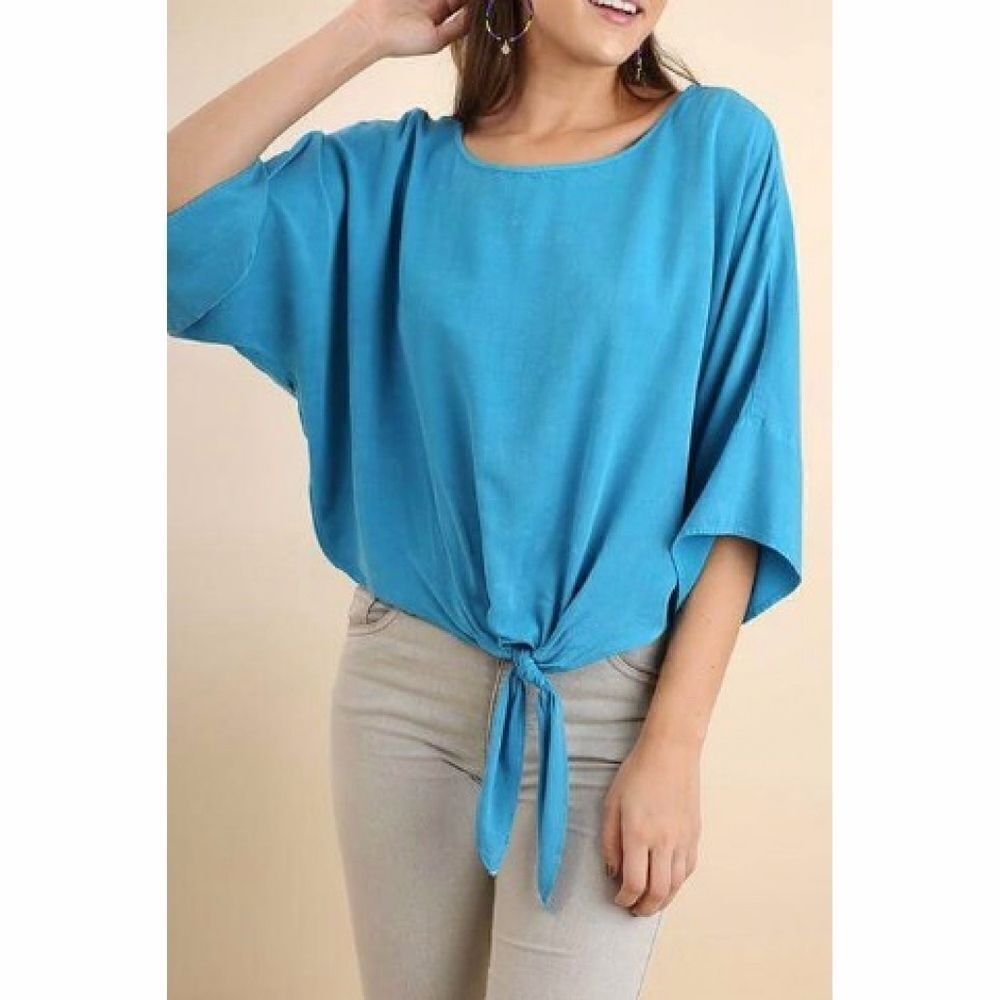 Umgee Mineral Washed Tie Front Dolman Top Blue S